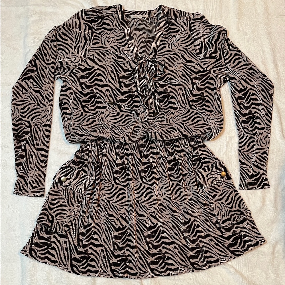 Ramy Brook Zebra Print Long Sleeve Mini Dress - Cream/Brown - Women’s S